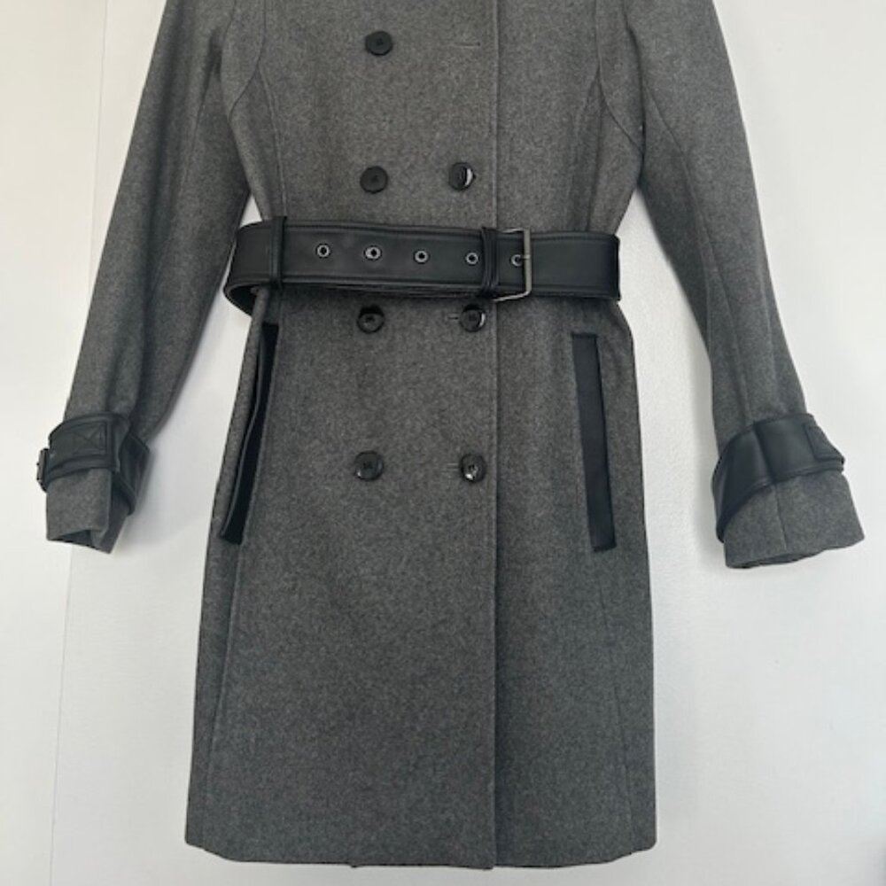 Kooples Grey Wool Blend Trench Coat with leather details - Picture 7 of 11